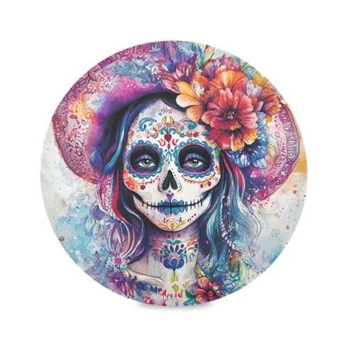 Juego de 6 manteles individuales redondos para mesa de comedor, diseño del Día de los Muertos mexicanos, manteles individuales reutilizables para comedor, 15.4 x 15.4 pulgadas
