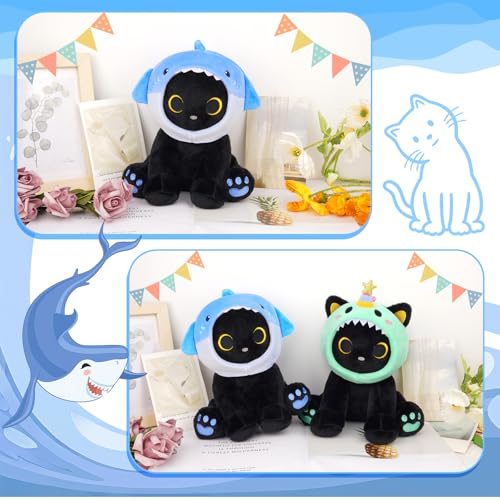 Image of Shark Plush Stuffed Cat, 8inches Black Cat Plush with Blue Shark Hood Removable, Cute Plushies Kawaii Cat Stuffed Animal Doll Toy for Kids Boys Girl
