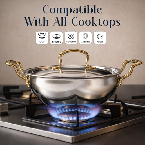 Image of SOLARA MontClaire Premium Triply Stainless Steel Kadai /Kadhai for Cooking with Golden Handles and Steel Lid, 22cm(8.6 Inch), 2.3L Capacity, Induction Friendly Triply Kadai, 100% Toxin & Chemical-Free