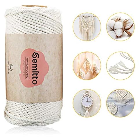 GEMITTO Macrame Cord 100m, Natural Cotton Rope 4-Strand Twisted Soft Unstained Stained Macrame for Knitting Craft Beginners, Plant Hanger Handmade, DIY Wall Art Bohemian Macrame & Home Decor Beige 3mm Cover