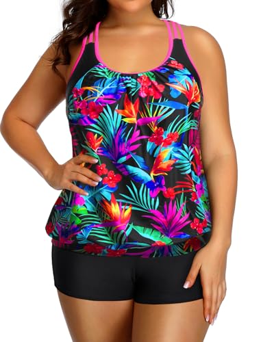 Image of Womens Plus Size Tankini Swimsuit Two Piece Tummy Control Bathing Suit | Blouson Racerback Tankini Top with Shorts, Double Up Design, Removable Pad