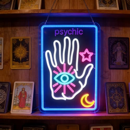 Image of Psychic Tarot Card Neon Sign, Moon Star Decorations Light Up Signs,Fortune Teller Sign,Psychic Reader, Tarot Card Led Sign