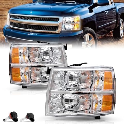 TUSDAR Fits for 2007-2013 Chevy Silverado 1500/2007-2014 Silverado 2500HD 3500HD Headlights Assembly Pair Set No Fogging OE Style Chrome Housing & Amber Reflector Bulbs Included Cover