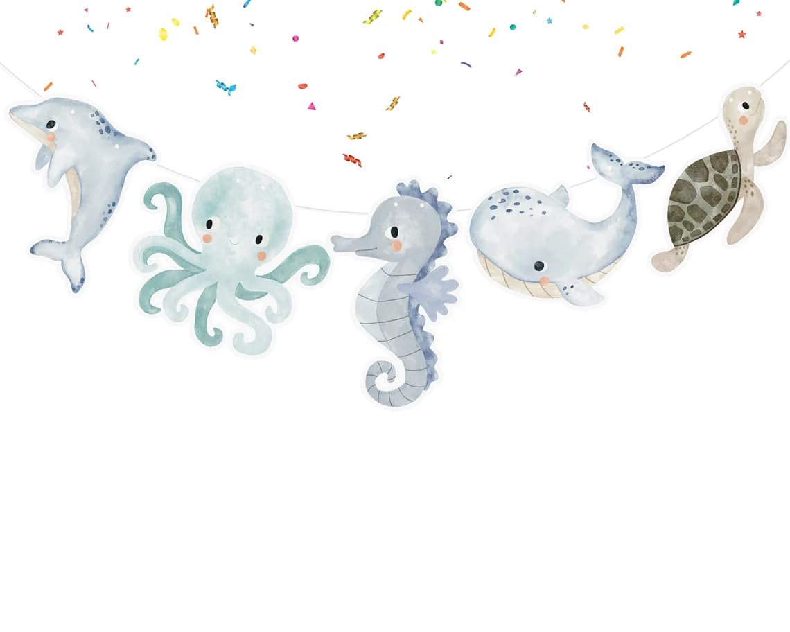 Under The Sea Banner Animal Garland - Ocean Birthday Party Decorations, Marine Life Happy Birthday Banner, Sea Animal Party Decorations, Ocean Theme Party Baby Shower Supplies