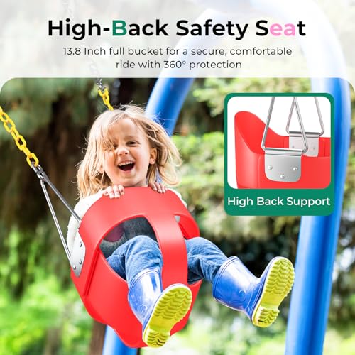 Image of DECORLIFE Toddler Swing - High Back Full Bucket Seat for Ages 1-3, 330lb Capacity, Baby Infant Swing Outdoor with Safety Design, Plastic-Coated Chains, Carabiners for Backyard, Garden-Red