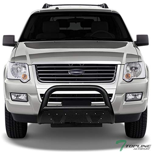 Textured Black Studded Mesh Bull Bar Brush Push Front Bumper Grill Grille Guard With Skid Plate For 06-10 Ford Explorer / 07-11 Explorer Sport Trac #TOP1