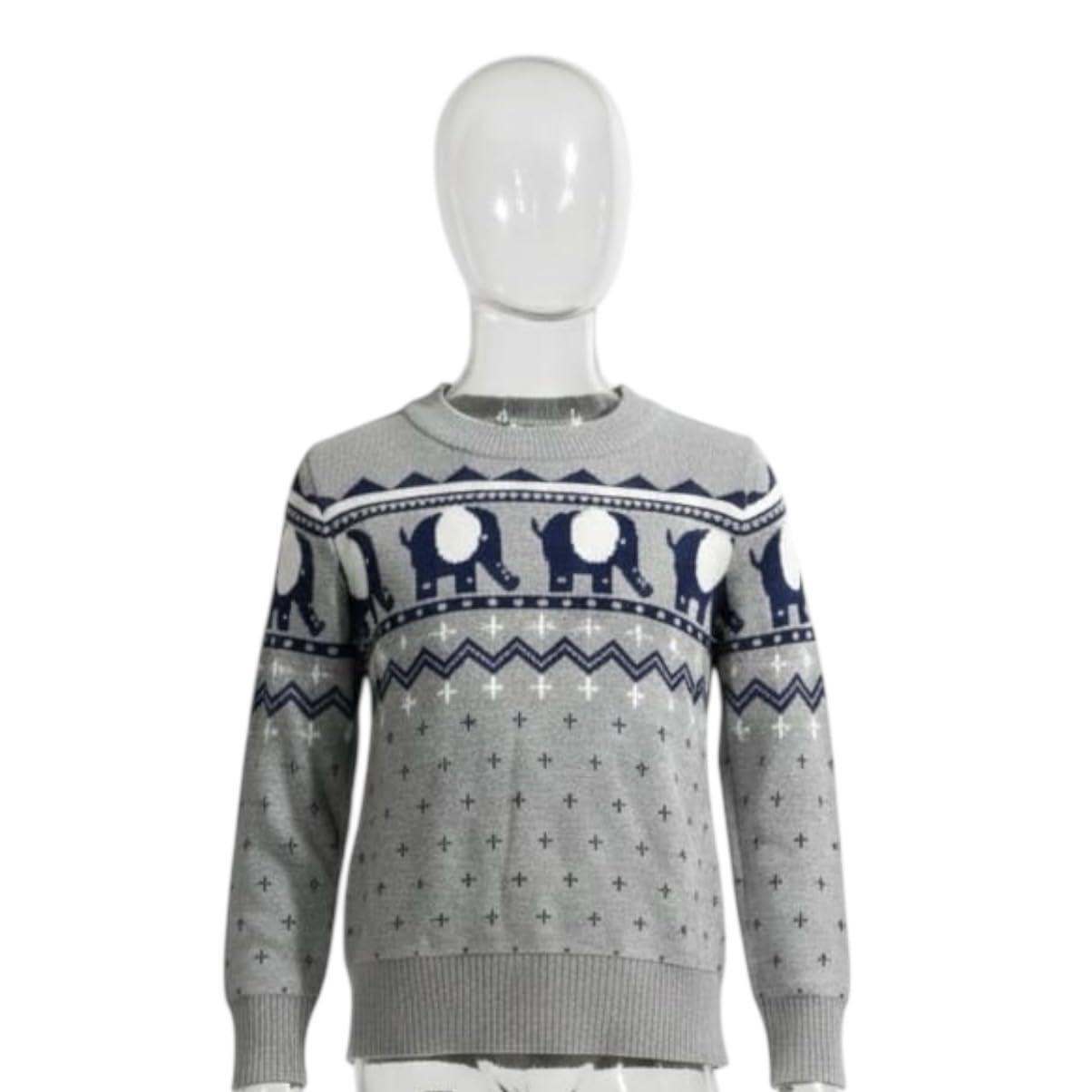 Kids Grey Unisex Sweater Elephant Print Crew Neck Warm Winter Pullover Full Sleeve Chest 26 Inch 1