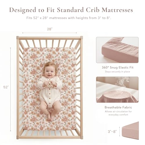 Image of Konssy Muslin Crib Sheets for Girl Boy, 2 PCS Soft and Breathable Cotton Baby Sheets for Standard Crib Mattress, 52 inchx 28 inch (Vintage Petals,Taupe)