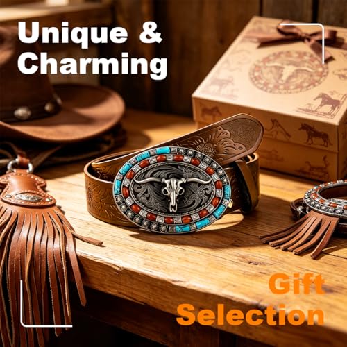 Image of GUSTAVE Belts for Men Western Cowboy PU Leather Men Belt Waist Engraved Waist Belts for Jeans 120cm /47in