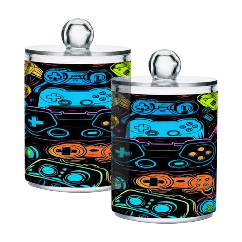 Blueangle 2 Pack Colorful Video Game Controllers Qtip Holder Dispenser for Cotton Ball, Cotton Swab - Plastic Apothecary Jar Set for Bathroom Canister Storage Organization?605?