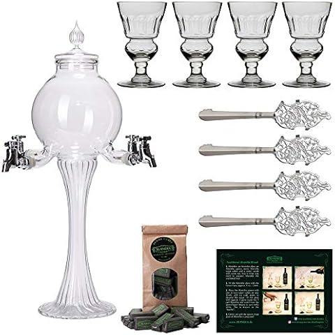 ALANDIA Absinthe Fountain Set Bubble | 1x Premium Fountain with 4 spouts | 4x Absinthe Glasses | 4x Absinthe Spoons | 1x Absinthe Sugar Cubes Cover