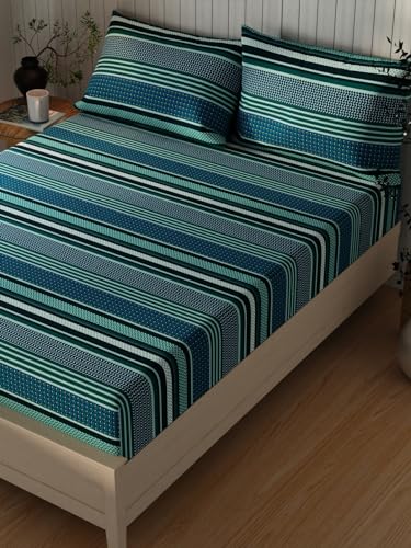 Image of KOPA Extra Smooth Cotton Double Bedsheet with 2 Pillow Covers -3pc Set (Lopez) Stripe-Teal /Blue