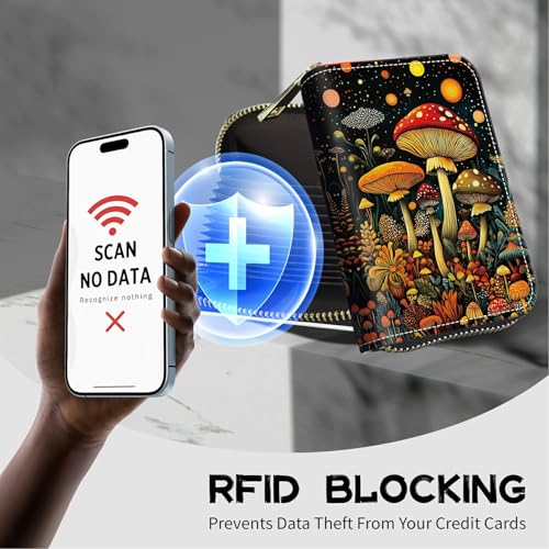 Image of Cute Credit Card Holder with Zipper, Magic Colorful Mushrooms RFID-Blocking Card Case Small Wallet for Women Men, Multi-slot Card Organizer Case Travel Accordion Wallet