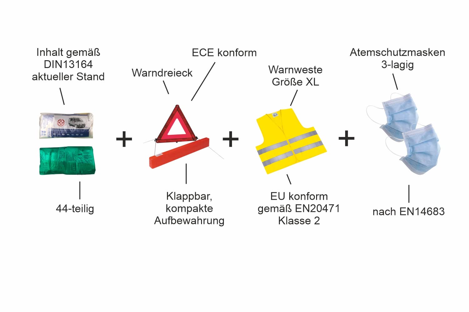 RAU EH0009 - Trio-Kombitasche blau 3in1-Set – Verbandtasche - Verbandkasten- Inhalt der Tasche : Erste Hilfe-Set nach aktueller DIN 13164 + Warndreieck ECE-konform + Warnweste nach EN20471 Klasse 2