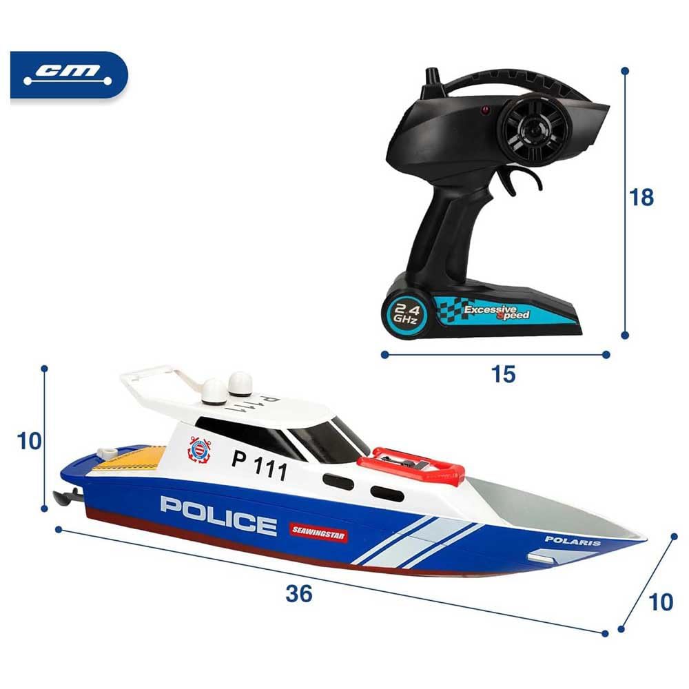 ColorBaby 47674 Racing Boat Boat Police Radiocontrol, 36x10x10 cm, Pilot zdalnego sterowania, 6 kierunków, 2,4 GHz, zasięg 35-40 m, łódź RC, zabawki dla dzieci, 4 lata