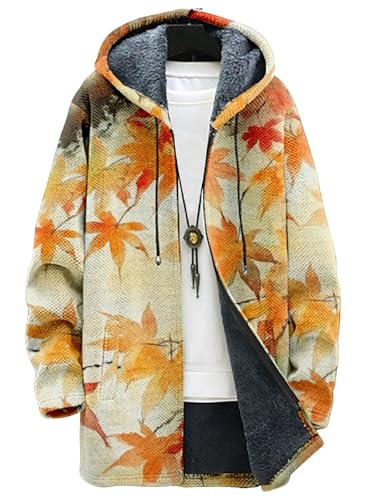DMOYALA Cárdigan largo con capucha para hombre, chaqueta de forro polar con cremallera completa, suéteres de punto con capucha y bolsillo, Hoja de arce amarilla, X-Large