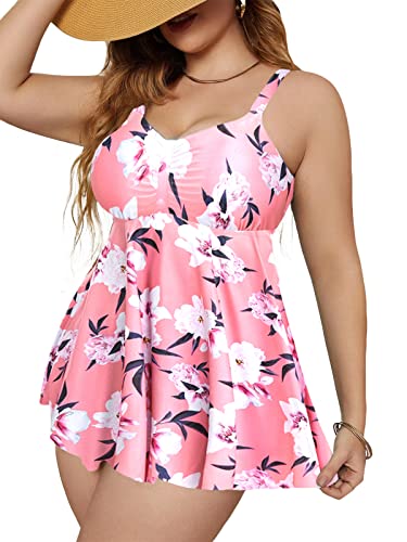 Dam plus size tankini baddräkt med shorts växttryck tvådelad baddräkt blommigt tryck badkläder, Rosa, L More