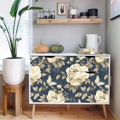 Papier peint adhésif fleur vintage de pivoine or et noir pour mur - 6