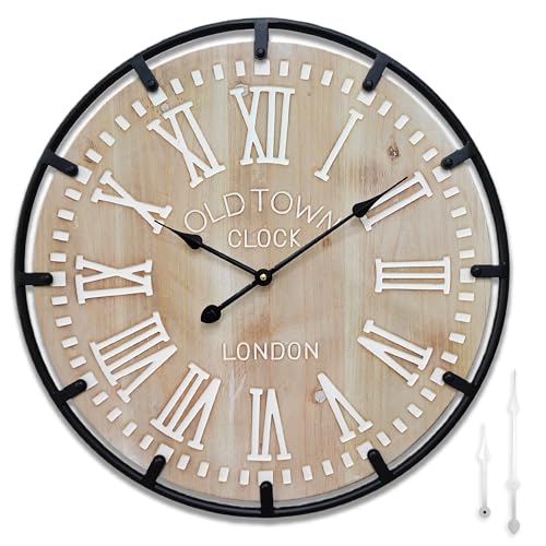 Large Farmhouse Rustic Wooden Wall Clock with Metal Frame and Large Engraved Numbers，Oversized Silent Retro Metal Wood Face Decorative Clock for Office Kitchen Bedroom Living Room (White, 30 inch) - image 1
