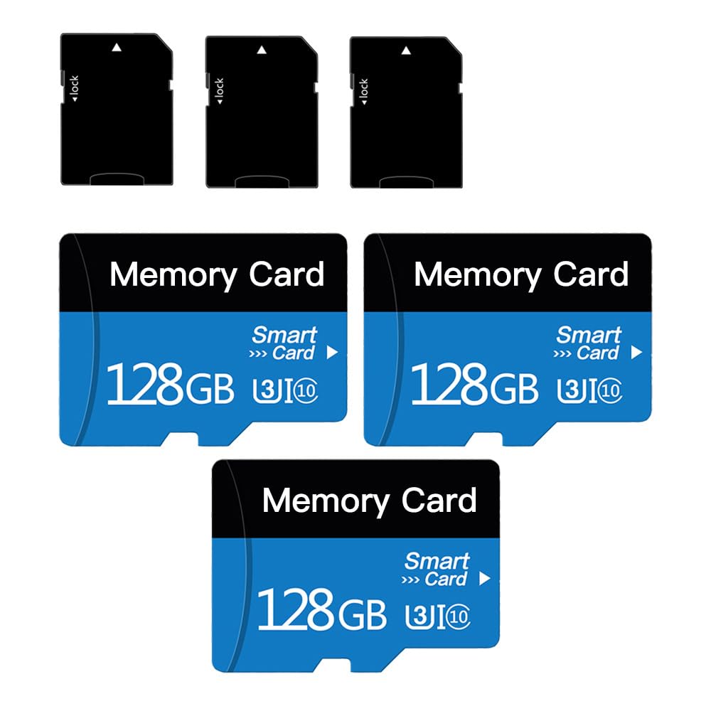 3 Pack 128 GB Micro Memory Card with Adapter, TF Card Class 10, Mini Memory Card for Camera/Smartphone/Tablet/Drone (Blue 128GB*3)