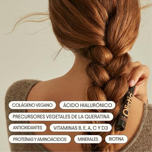 Lista de ingredientes en Olistic: colágeno vegano, ácido hialurónico, vitaminas y minerales para mejorar el cabello