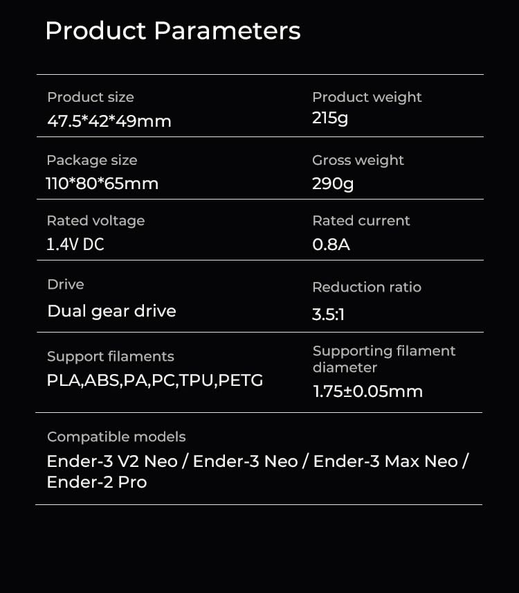 Product parameters table for Sprite Extruder SE NEO Kit