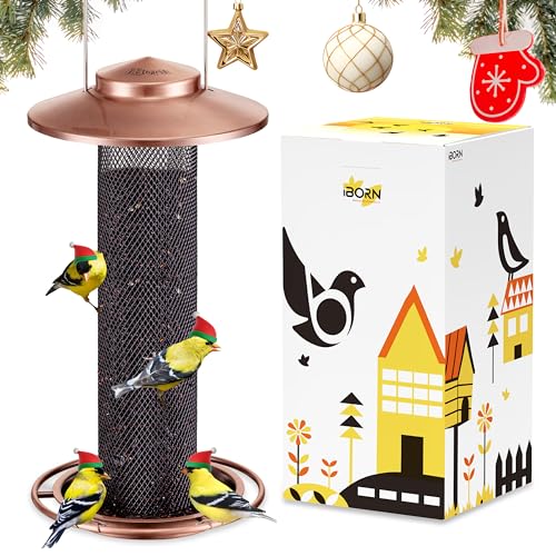 iBorn Finch Feeders for Outside,Thistle Bird Feeders for Outdoors Hanging,Nyjer Seed Feeder,Metal Mesh Tube Bird Feeder 13.5 Inch with 17cm Weatherproof Large Roof&Tray,2 LB Capacity,Brushed Copper
