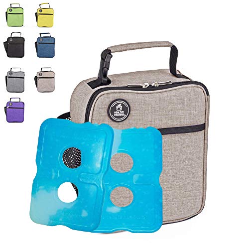 Healthy Packers Insulated Lunch Box for Adults and Kids w/ 2 Slim Long Lasting Ice Packs - Professional Work Lunch Bag for Men and Women - Heavy Duty School Lunchbox for Boys and Girls (Light Grey)