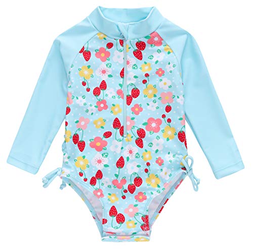 kavkas Baby Girl Long Sleeve Swimsuit Cute Rash Guard One Piece Bathing Suit Ruffle Bikini for Toddler Girl, 12-18M, Blue