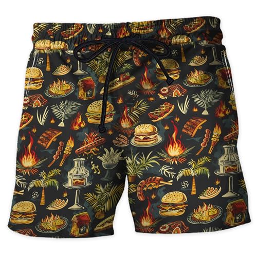 V-DECORPARKS Grill Party Men's Swim Trunks - BBQ Grill Hawaiian Shorts for Men, Men's Summer Bathing Shorts Set 23