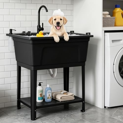Image of Vingli Freestanding Utility Sink with Faucet, 36 inch Heightened Basin for Laundry, Garage, Outdoor Garden, Pet Wash, Heavy Duty Plastic Laundry Tub with Storage Shelf (Black, 32 inchLx24 inchWx36 inchH)