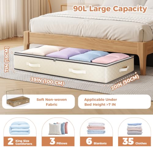 Image of Budding Joy 6 Pack 90L Under Bed Storage Containers Beige | Clothes storage bins foldable storage bags with clear window for blanket, comforter, sweaters, pillows, wrapping paper
