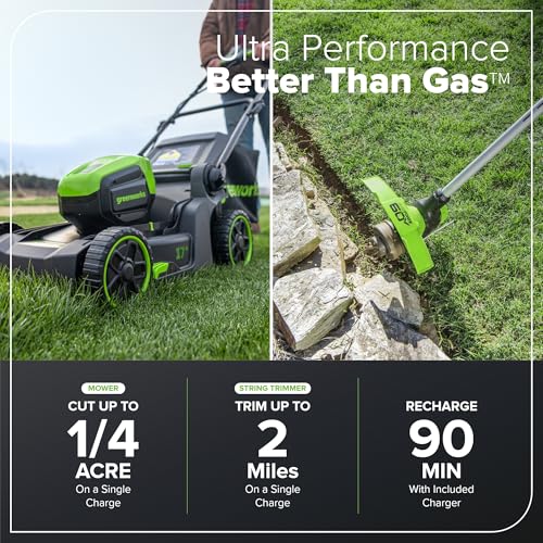 Image of Greenworks 60V 17 inch Brushless (Push) Mower + 60V 13 inch String Trimmer, 4.0Ah Battery and 3A Charger