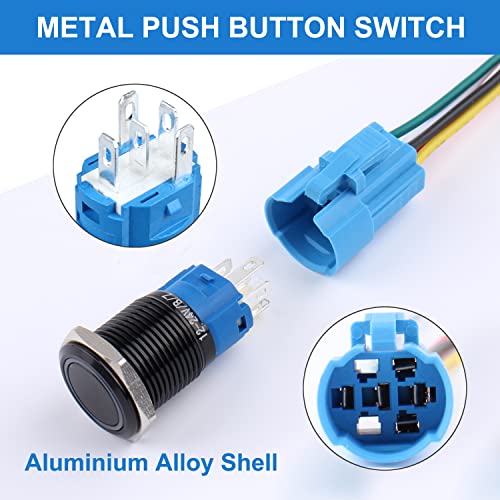 Image of 2PCS 16mm Metal Waterproof Anti-Vandal Latching Push Button Switch Self-Locking Black Shell with Pre-Wired Socket for 5 /8 inch Mounting Hole 12V-24V ON Off 5Pins 1NO 1NC Halo Ring Green LED Light