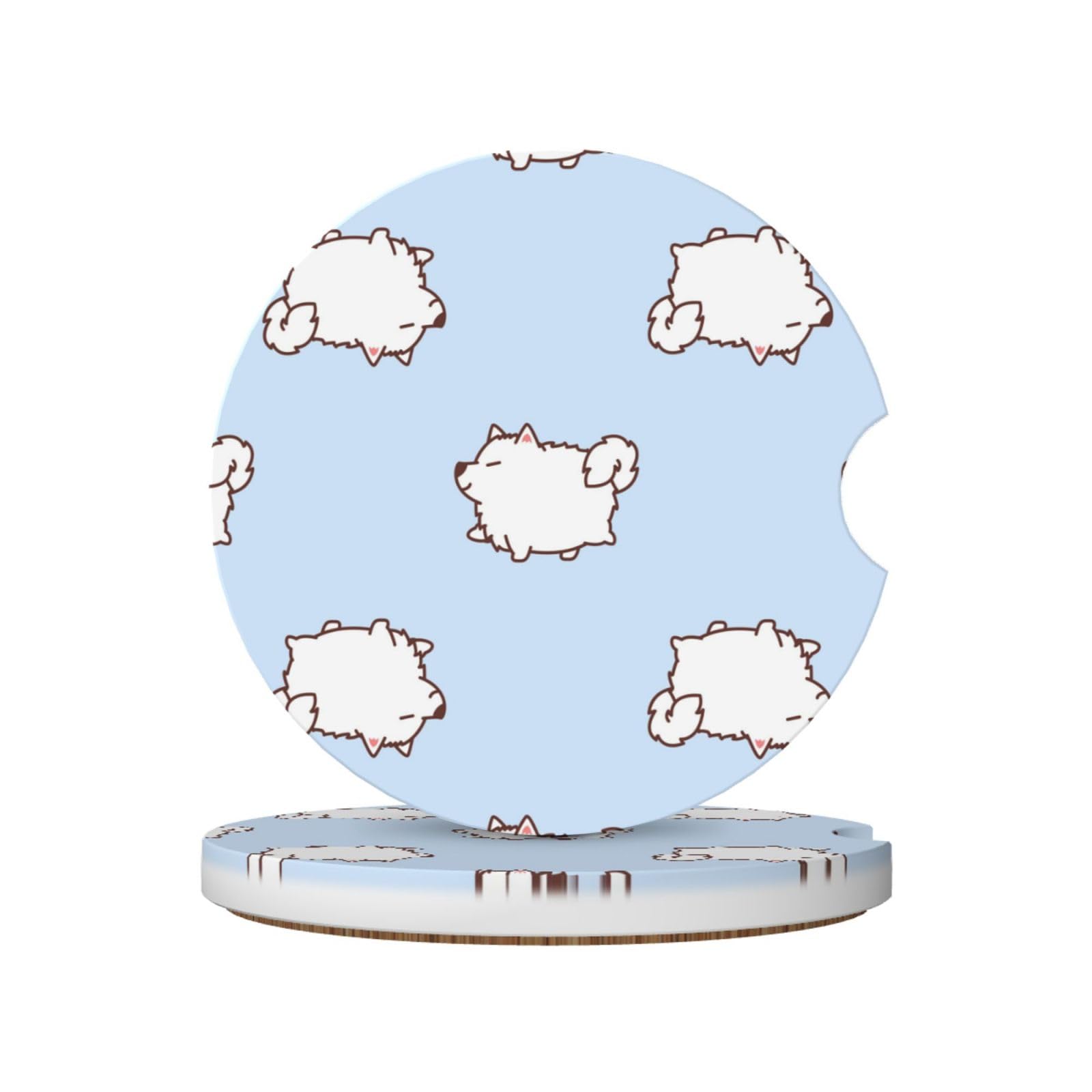 Cute Samoyed Dogs Walking Pattern, Car Cup Holder Coasters 2 Pack, Absorbent Ceramic Car Coasters with Non Slip Cork Base