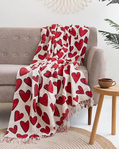 Image of Handmade Cotton Heart Print Hand Block Sofa Throw Blanket for Couch and Car 50x70 Inches - Best for Gifting Propose (Multi-Color 09)