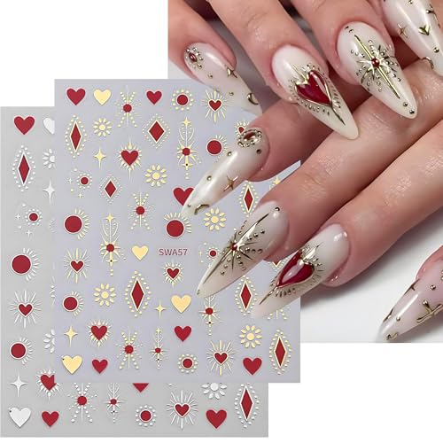 2 Sheets Stars and Moon 3D Self Adhesive Nail Art Stickers Heart Design Beautiful Nail Decals Decoration Accessories for DIY Manicure