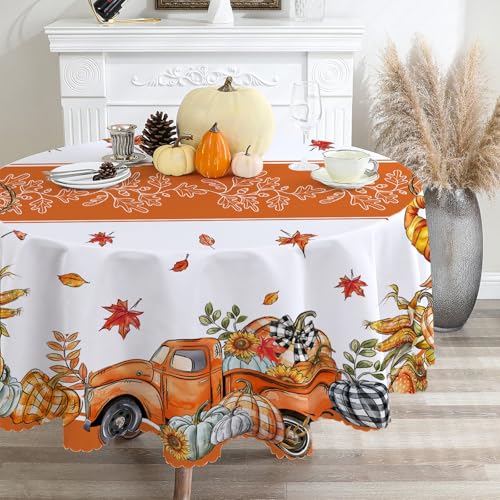 Fall Round Tablecloth 70 inches, Water Resistant Thanksgiving Table Cloth - Orange Fall Decorations for Home - Orange Pumpkins Fall Decor for Home, Table, Dinning 70" (Round) Orange