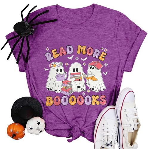 Halloween Teacher Shirts for Women Groovy Read More Books Ghost T-Shirt Short Sleeve Halloween Party Tee Tops