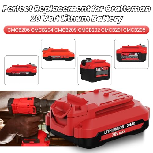 Image of 2Pack V20 Lithium ion Batteries Replacement for Craftsman 20V Battery, 3.6-Amp Hour Compatible with Craftsman 20Volt Max CMCB202 CMCB201 CMCB204 CMCB206 CMCB209 Power Tool Battery(Red)