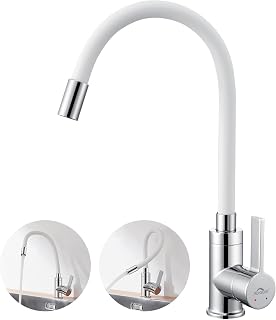 Grifo Cocina Flexible Blanco, Auralum Grifos Cocina Fregadero Giratorio 360 °, Mezclador de Fregadero con Manguera Flexible, Monomando Ahorro de Energía