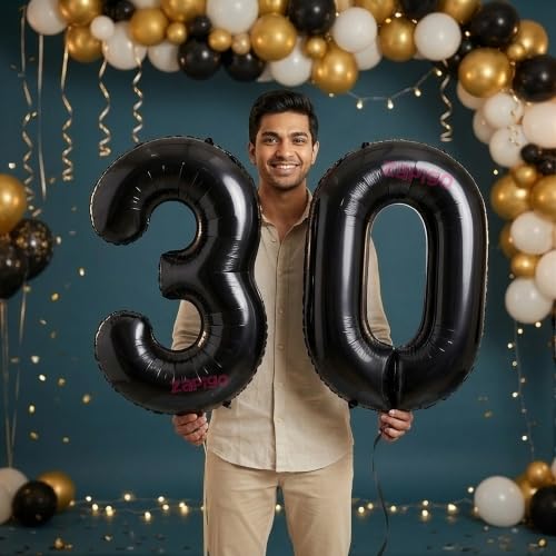 Image of Balloonistics Black 40-Inch Foil Number 30 Balloon - Helium or Air Fill for 30th Birthday, Anniversary Party Decoration, Photo Booth Backdrop, Cake Table Decor