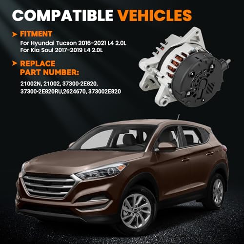 Image of High Output Alternator Compatible with Hyundai Tucson 2016-20212.0L, Kia Soul 2017-2019 2.0L 12V 150A 6-Groove Pulley Clockwise Replace 37300-2E820 21002 373002E820