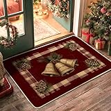 Felpudo de piñas de Navidad, tapete de entrada de campanas burdeos para decoración de vacaciones en interiores y exteriores, goma impermeable, antideslizante, absorbe el polvo, fácil de limpiar, 73 x