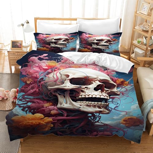 Funda Nordica Cama 135, Calavera Juego de Cama, Flores Naranjas Funda Nórdica 135x200, 3 Piezas Microfibra Premium Incluye 2 Fundas de Almohada de 50x75cm AK128