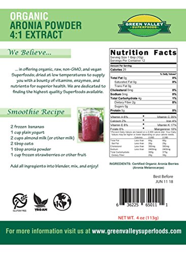 Green Valley Superfoods Organic Aronia Berry 4:1 Extract Chokeberry Powder (4 Ounce) #TOP1