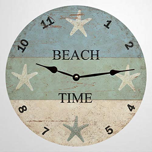 Starfish Beach Time Wall Clock Beach Themed Clock Silent Non-Ticking Clock 12 Inch Battery Operated Wooden Home Decor for Kitchen Living Room Bathroom Office Gift Idea