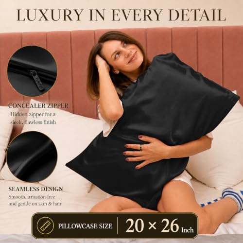 Image of FURBO 100% Pure Mulberry Silk Pillowcase | 22 Momme 6A Grade Silk Pillow Cover for Hair & Skin | Cooling, Breathable, Smooth & Soft | Hidden Zipper Closure | Anti-Frizz (1 Pack, Black)