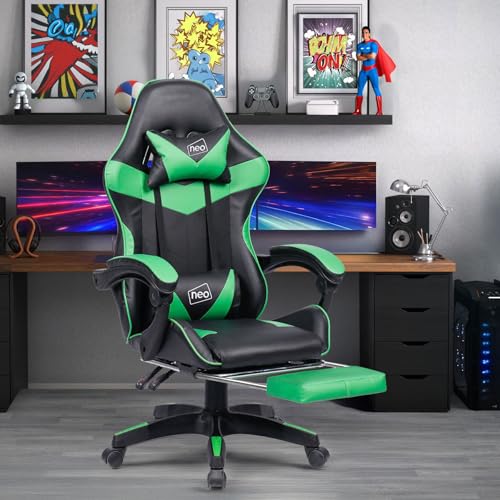 Neo Executive Pu Leather Massage Sport Racing Gaming Home Office Computer Chair Lumbar Back Support Footrest (Green) - 2