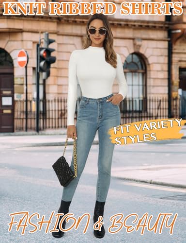 Image of Women's Mock Neck Long Sleeve Shirts Ribbed Knit Sweaters Lightweight Basic Slim Fitted Thermal Underwear Tops